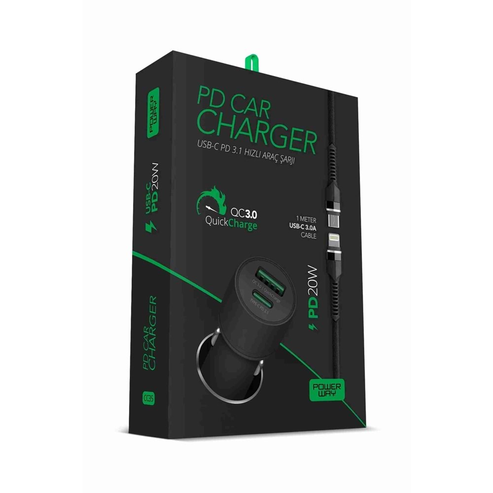 Powerway CC35 3.1A 20W Araç Şrajı USBC USB Kablo Çakmaklık