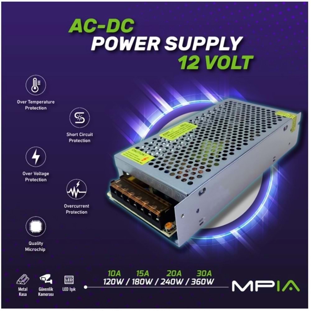 Mpia PS-15 12V15A 180W Metal Kasa Kamera Adaptörü
