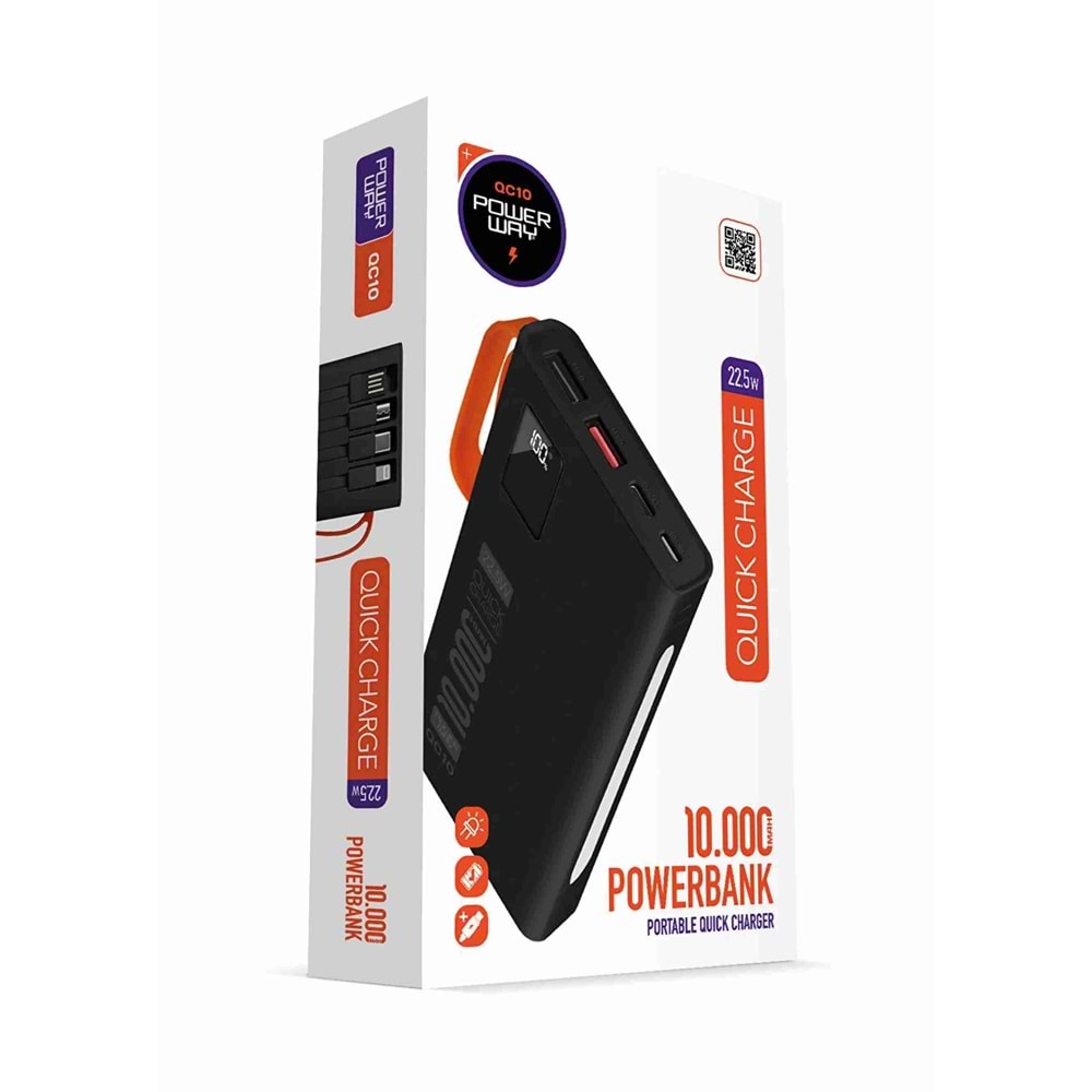 Powerway QC10 10.000 Mah Pd 22.5W Dahili Kablolu Hızlı Şarj Led Fener Gerçek 10.000 Mah Powerbank