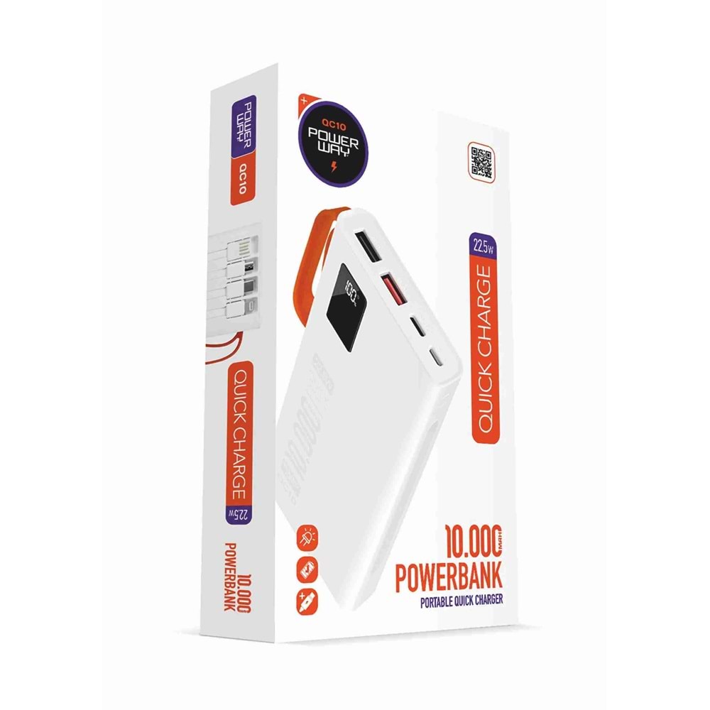 Powerway QC10 10.000 Mah Pd 22.5W Dahili Kablolu Hızlı Şarj Led Fener Gerçek 10.000 Mah Powerbank