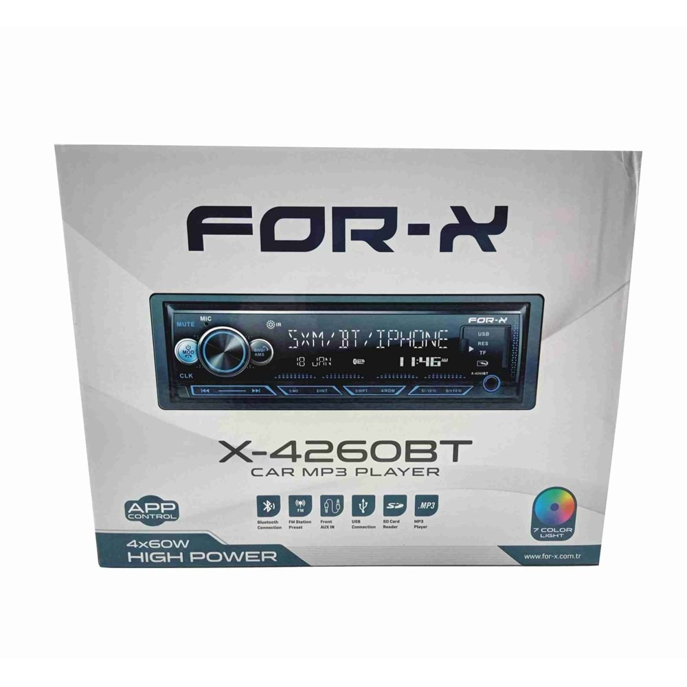 For-x X-4260BT 4x60w USB/AUX/SD/FM Bluetooth 7 Renk Oto Teyp