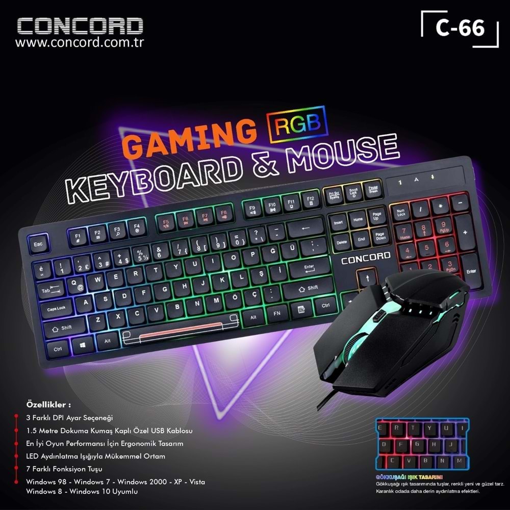 Concord C-66 RGB Led Işıklı Kablolu Gamer Combo Klavye + Mouse Set