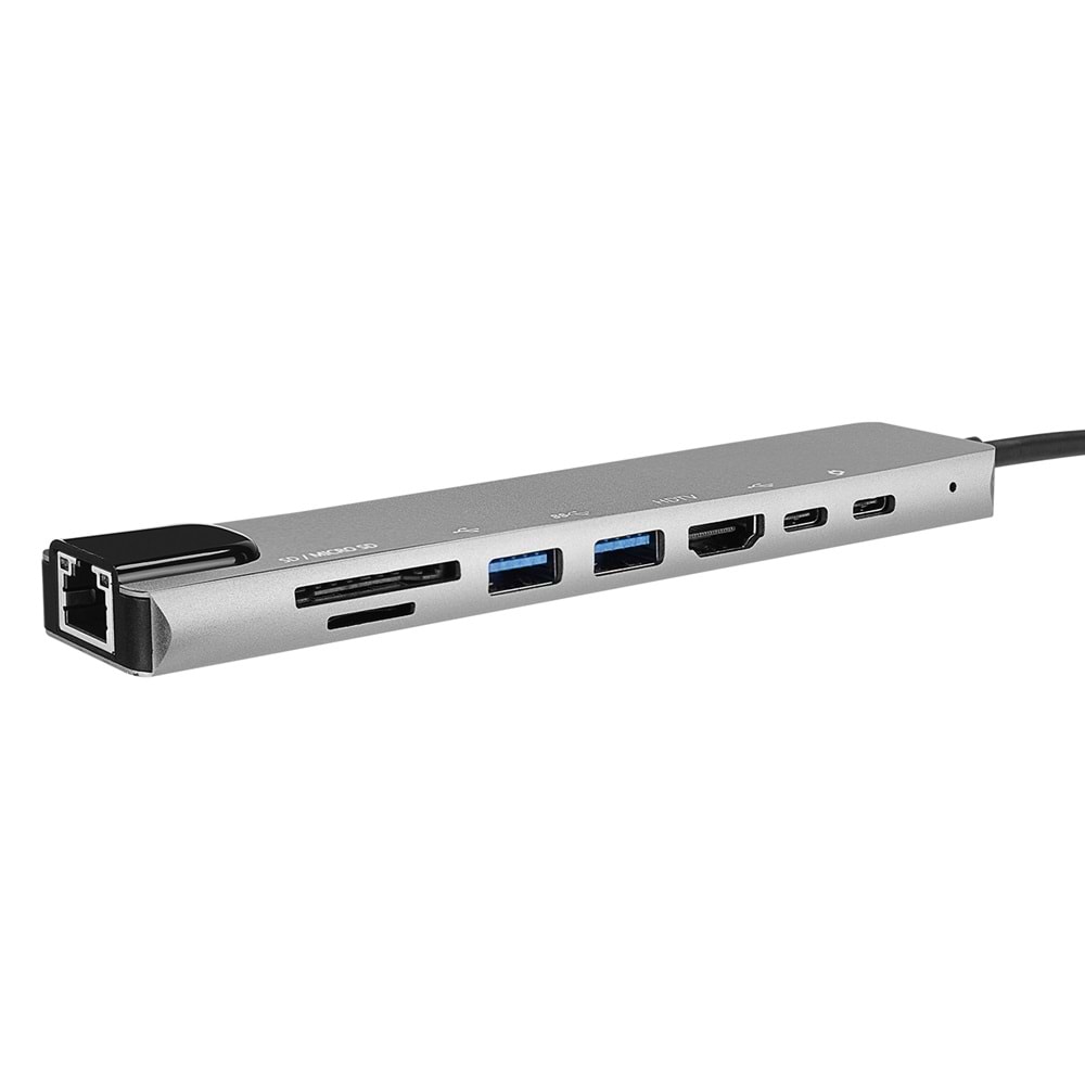 Hytech HY-USBC82 4K@30Hz Gri Metal 2xUSB 3.0 1xUSB 2.0 1000Mbps PD Type-C Data SD/TF Kart Okuyucu Adaptör