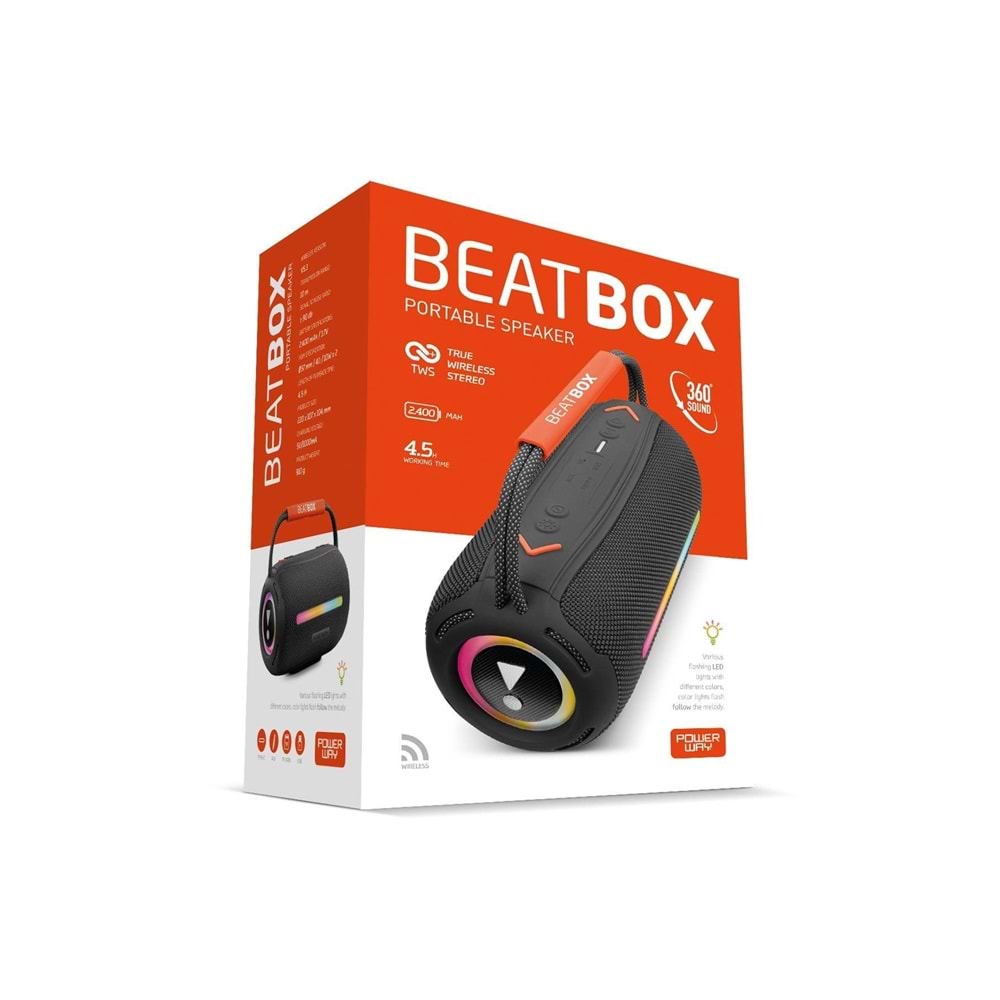 Powerway BEATBOX Siyah Led Işıklı Dayanıklı Ses Bombası Usb Sd Aux FM Radyo Bluetooh Hoparlör