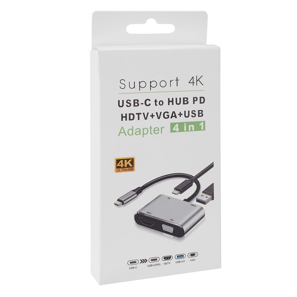 Bawerlink BW-2033 4 in 1 Type-C to PD+HDMI+VGA+USB 3.0 Çevirici Hub Adaptör