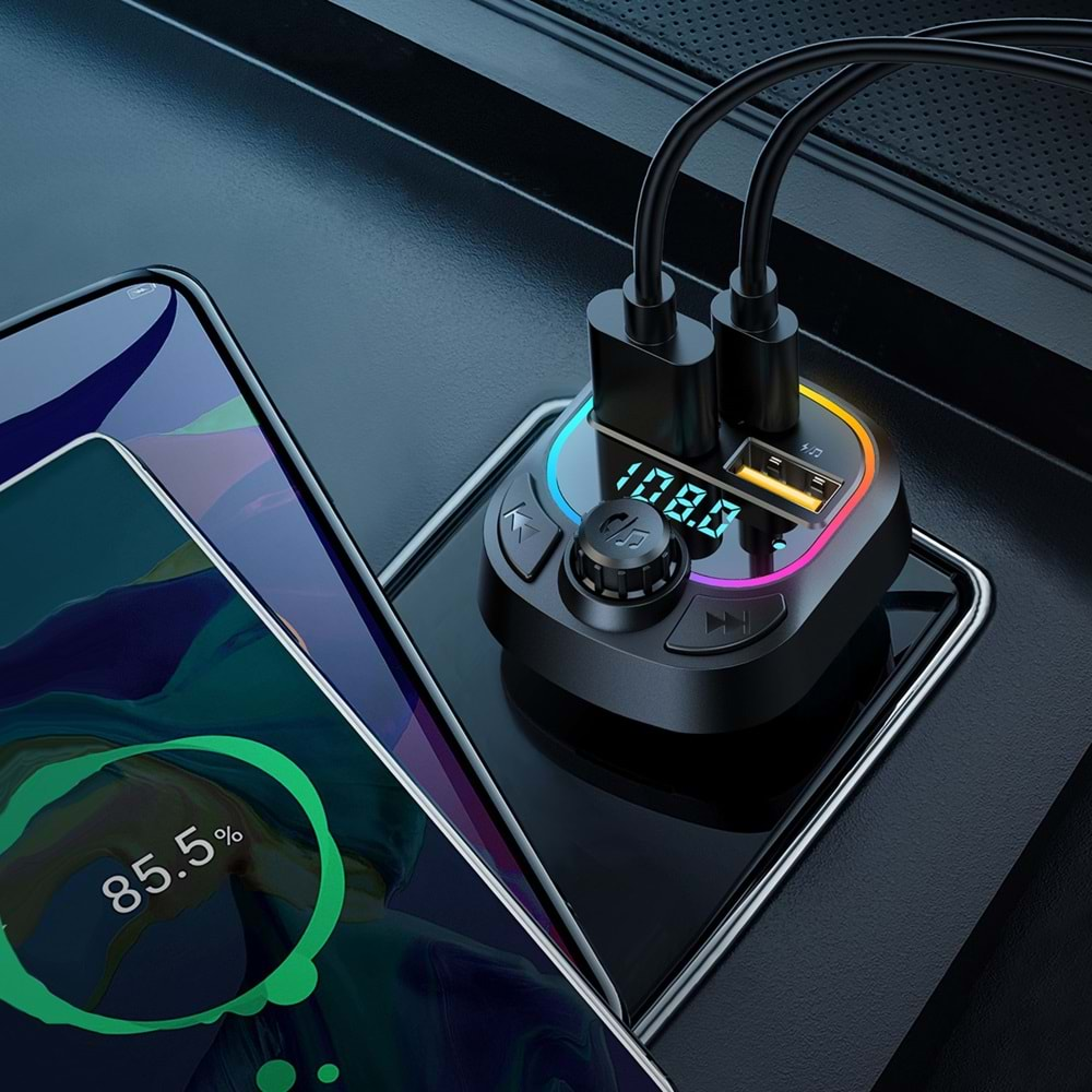 Hytech HY-XCB45 5V 3.1A / 5V 1A Rainbow Işıklı Led Ekran MP3 TF+USB+FM Bluetooth Fm Transmitter