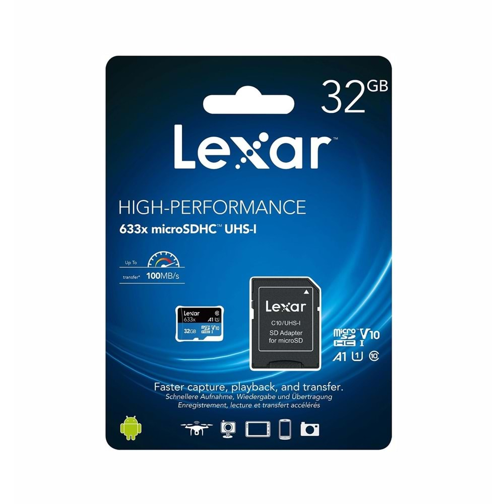 Lexar 633X 32GB 100MB-20MB/s micro SDHC UHS-1 Class 10 A1 V10 U1 Hafıza Kartı + Adaptör