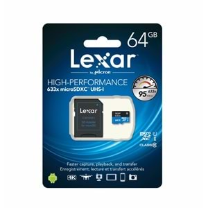 Lexar 64GB micro SDXC UHS-I 633X 95mb/sn (Class 10) U1+ SD Adaptor Hafıza Kartı