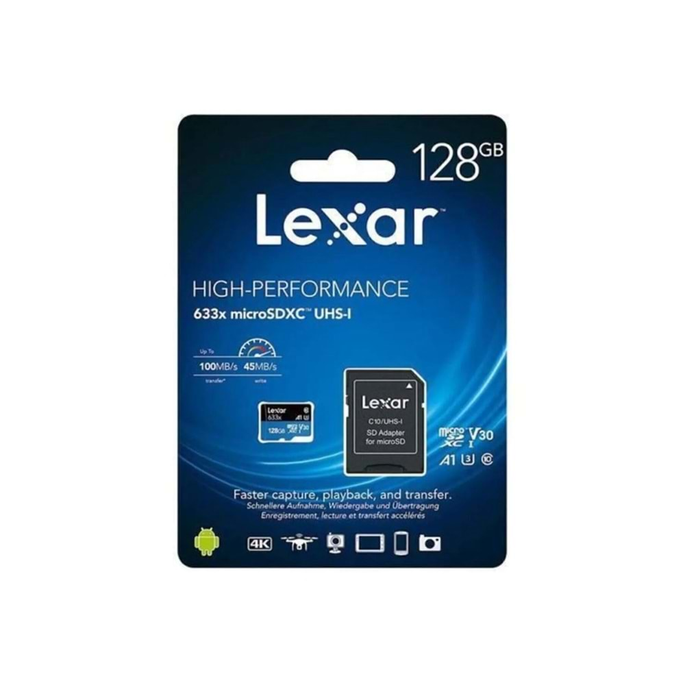 Lexar 128GB micro SDXC UHS-I 633X 95mb/sn (Class 10) U1+ SD Adaptor Hafıza Kartı