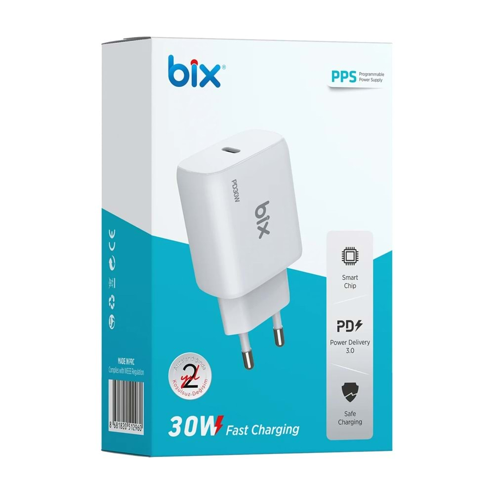 Bix BXPD30TA 30W Type-C PD 3.0 PPS Akım Korumalı Hızlı Şarj Adaptörü Beyaz