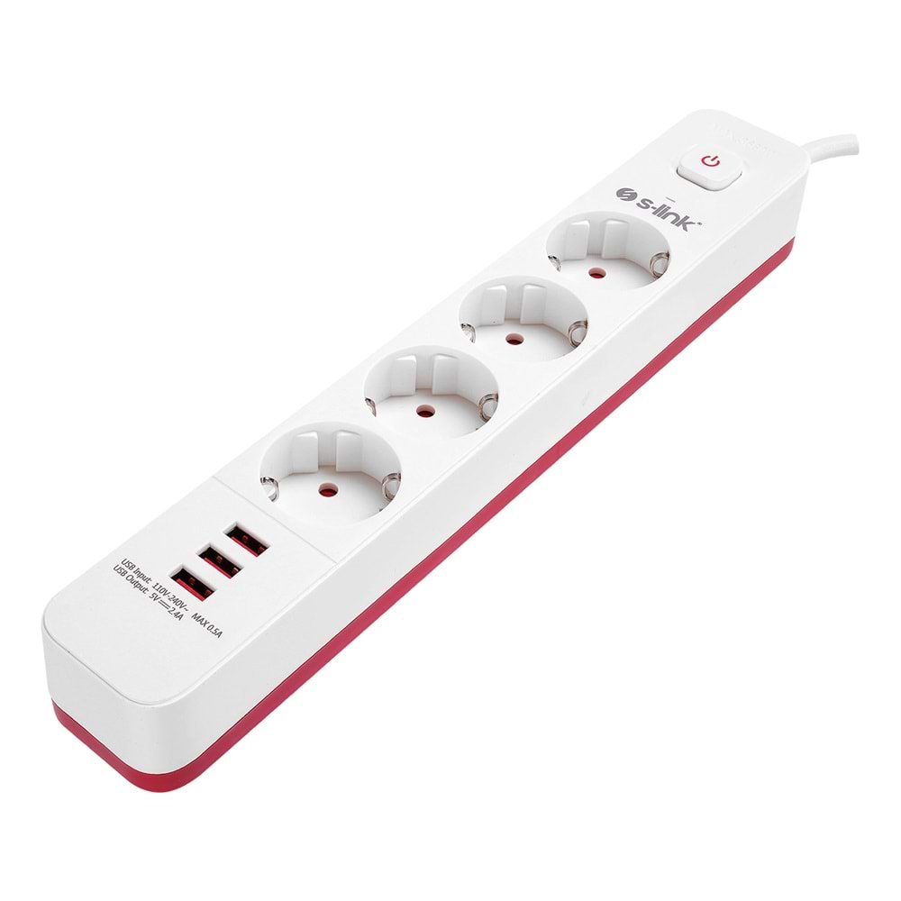 S-link SPG403U 1.5m 1.5mm 100% Bakır 750 Joule 3 Usb 5V2.4A 4lü Anahtarlı Akım Korumalı Priz