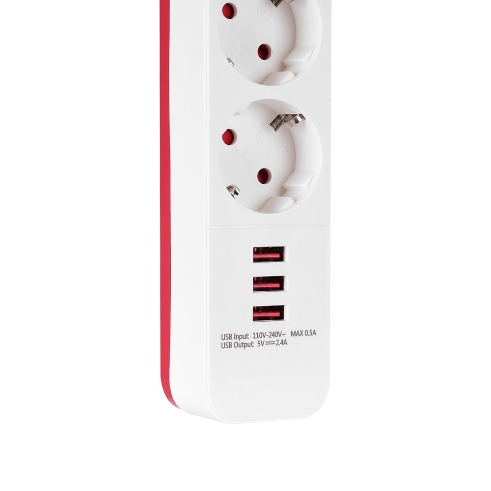 S-link SPG403U 1.5m 1.5mm 100% Bakır 750 Joule 3 Usb 5V2.4A 4lü Anahtarlı Akım Korumalı Priz