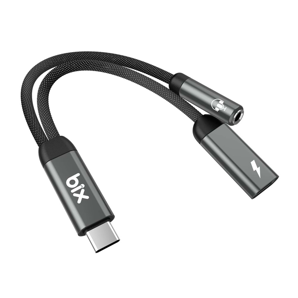 Bix ADP-12 Type-C to 3.5mm Kulaklık ve 15W Type-C Şarj Kablo Dönüştürücü