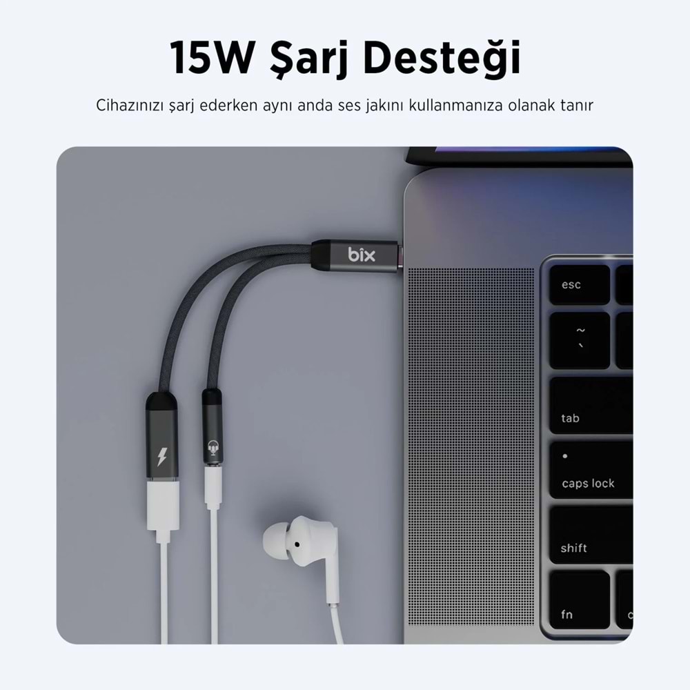 Bix ADP-12 Type-C to 3.5mm Kulaklık ve 15W Type-C Şarj Kablo Dönüştürücü