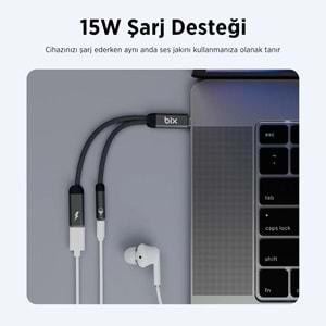 Bix ADP-12 Type-C to 3.5mm Kulaklık ve 15W Type-C Şarj Kablo Dönüştürücü