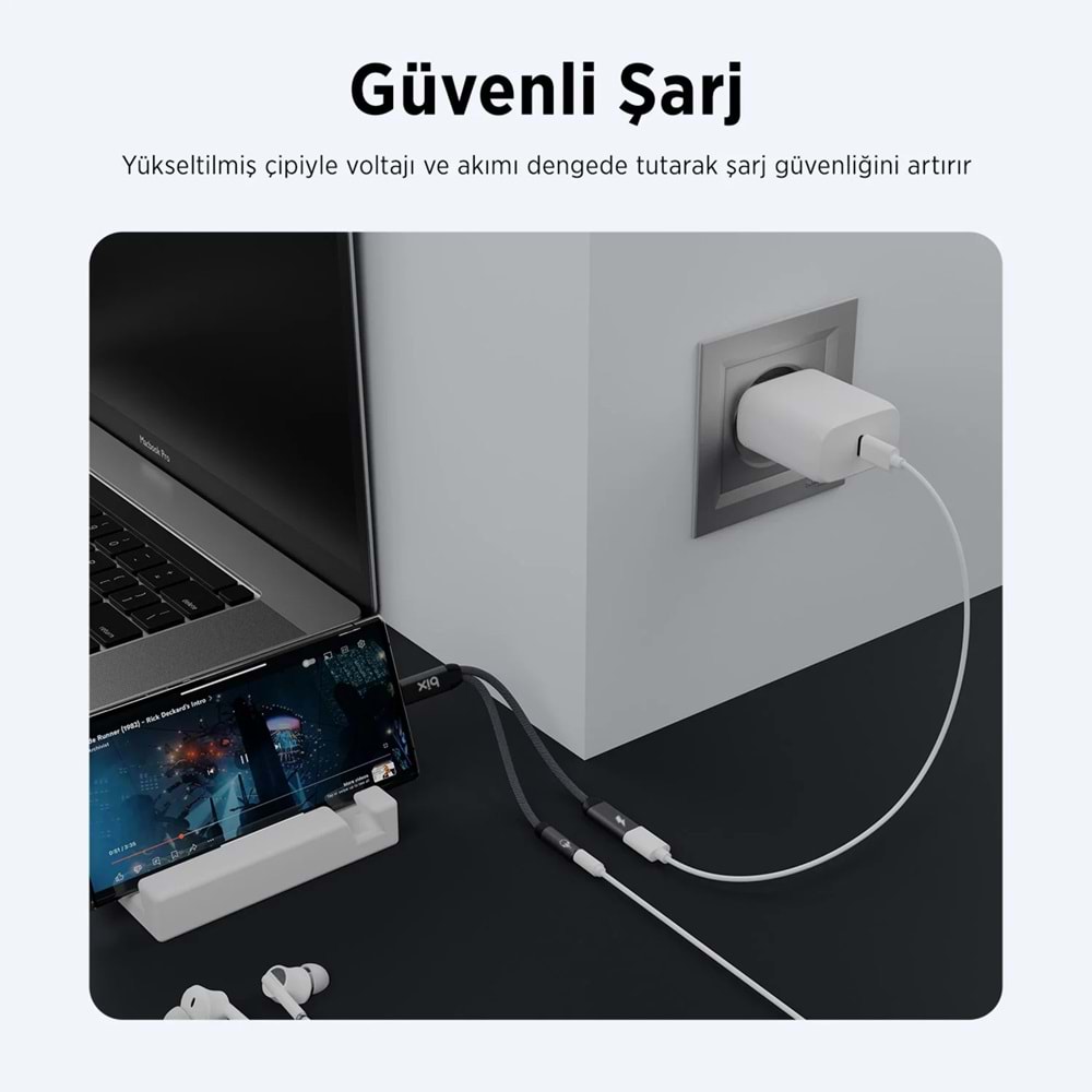 Bix ADP-12 Type-C to 3.5mm Kulaklık ve 15W Type-C Şarj Kablo Dönüştürücü