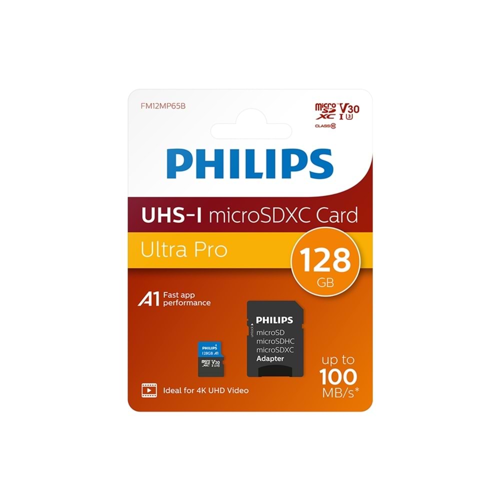 Philips Micro SDXC Card 128 Gb Class 10, UHS-I U3 Adapter, 4K FM12MP65B