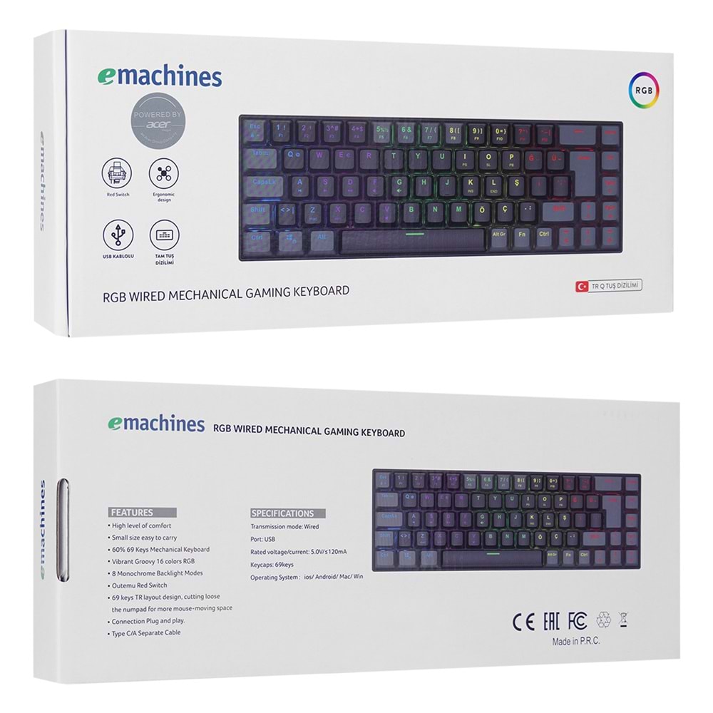 Acer eMachines EAK68 USB RGB Backlight RED SWITCH Mekanik Q 68 Tuşlu Mini Gaming Oyuncu Klavyesi