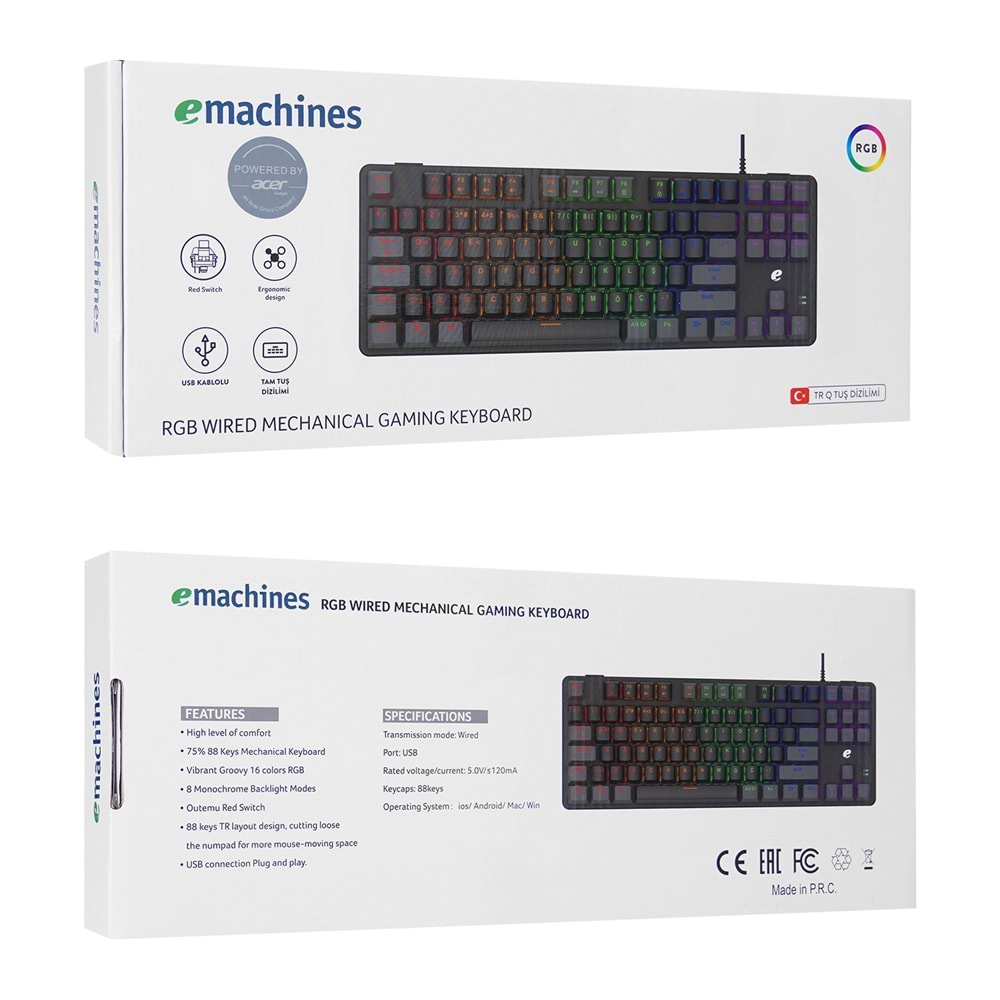 Acer eMachines EAK87 USB RGB Backlight RED SWITCH Mekanik Q 87 Tuşlu TKL Gaming Klavye