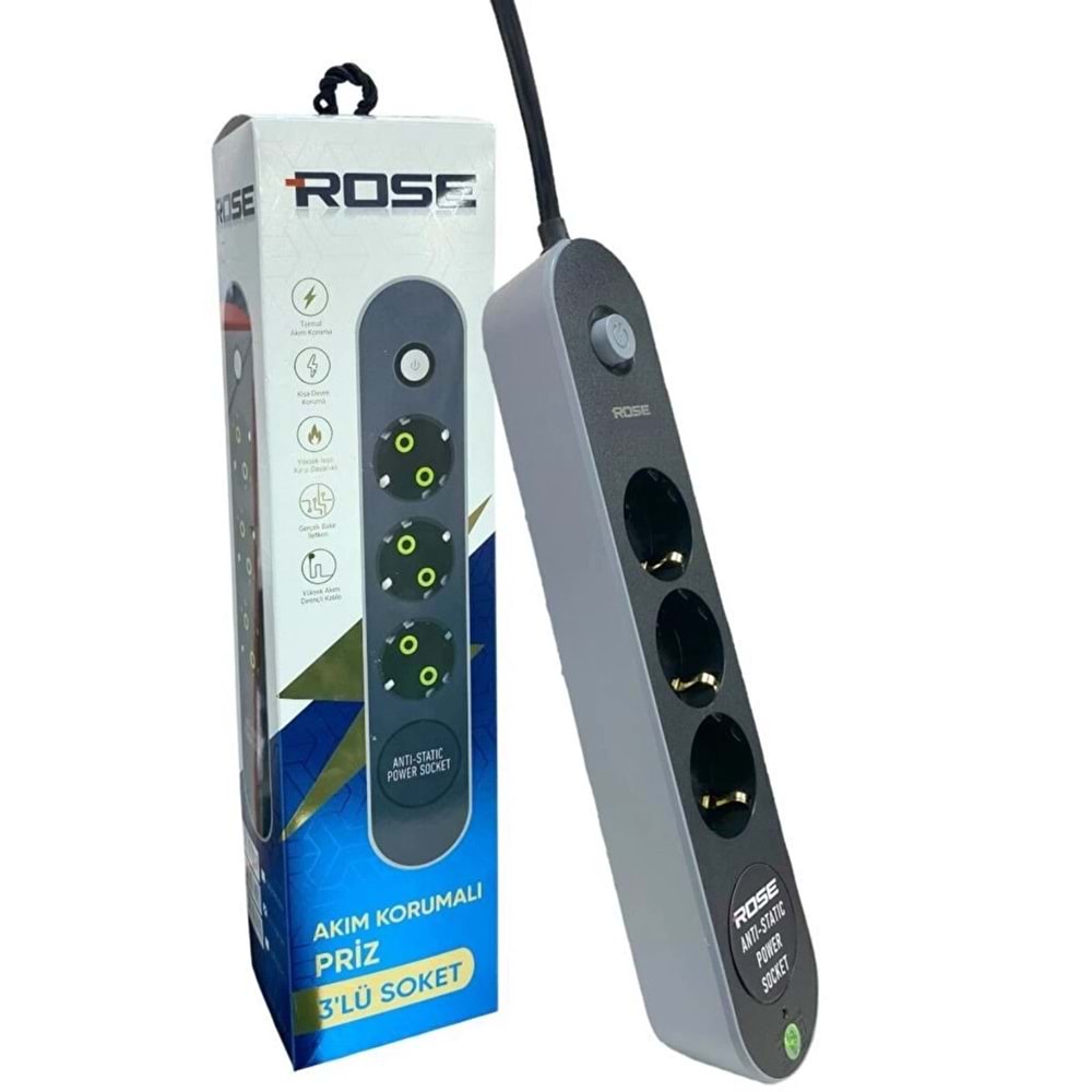 Rose GR-300-5M 3'LÜ Akım Korumalı 16A 3X2,5 MM Kablo 5 Metre priz