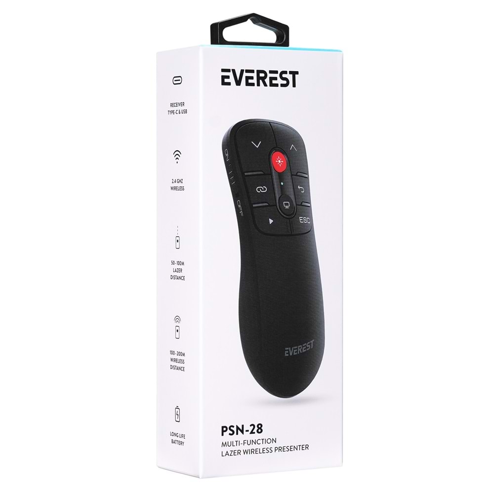 Everest PSN-28 Çok İşlevli USB Kırmızı Lazerli 2.4Ghz Kablosuz Type C Profesyonel Sunum Cihazı