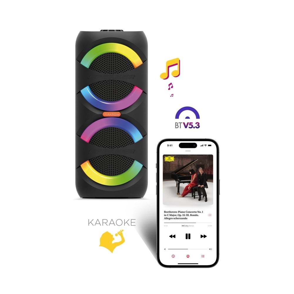 Maxron MXBass 16W Bluetooth Hoparlör Led Işıklı Ses Sistemi Parti Speaker Karaoke Özellikli