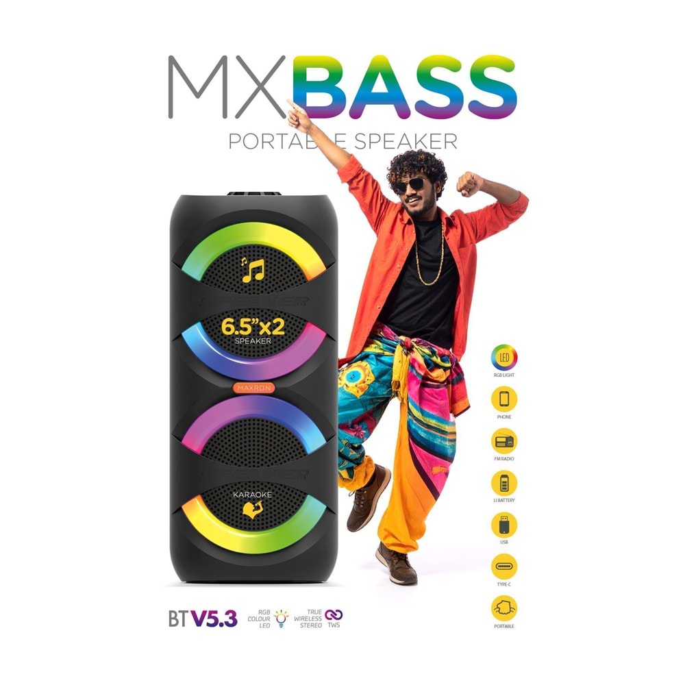 Maxron MXBass 16W Bluetooth Hoparlör Led Işıklı Ses Sistemi Parti Speaker Karaoke Özellikli