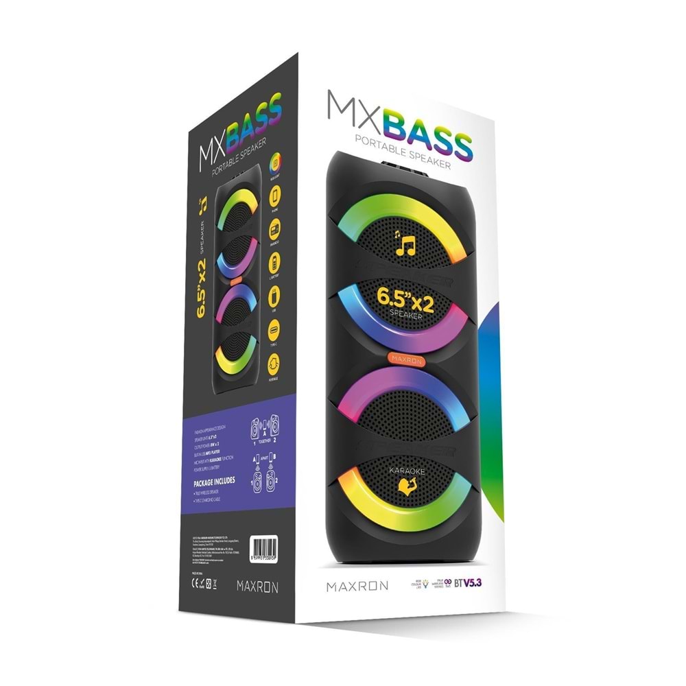 Maxron MXBass 16W Bluetooth Hoparlör Led Işıklı Ses Sistemi Parti Speaker Karaoke Özellikli