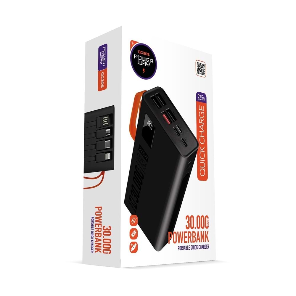 Powerway QC30S 30.000 Mah PD 22.5W Dahili Kablolu Hızlı Şarj Led Işıklı Powerbank