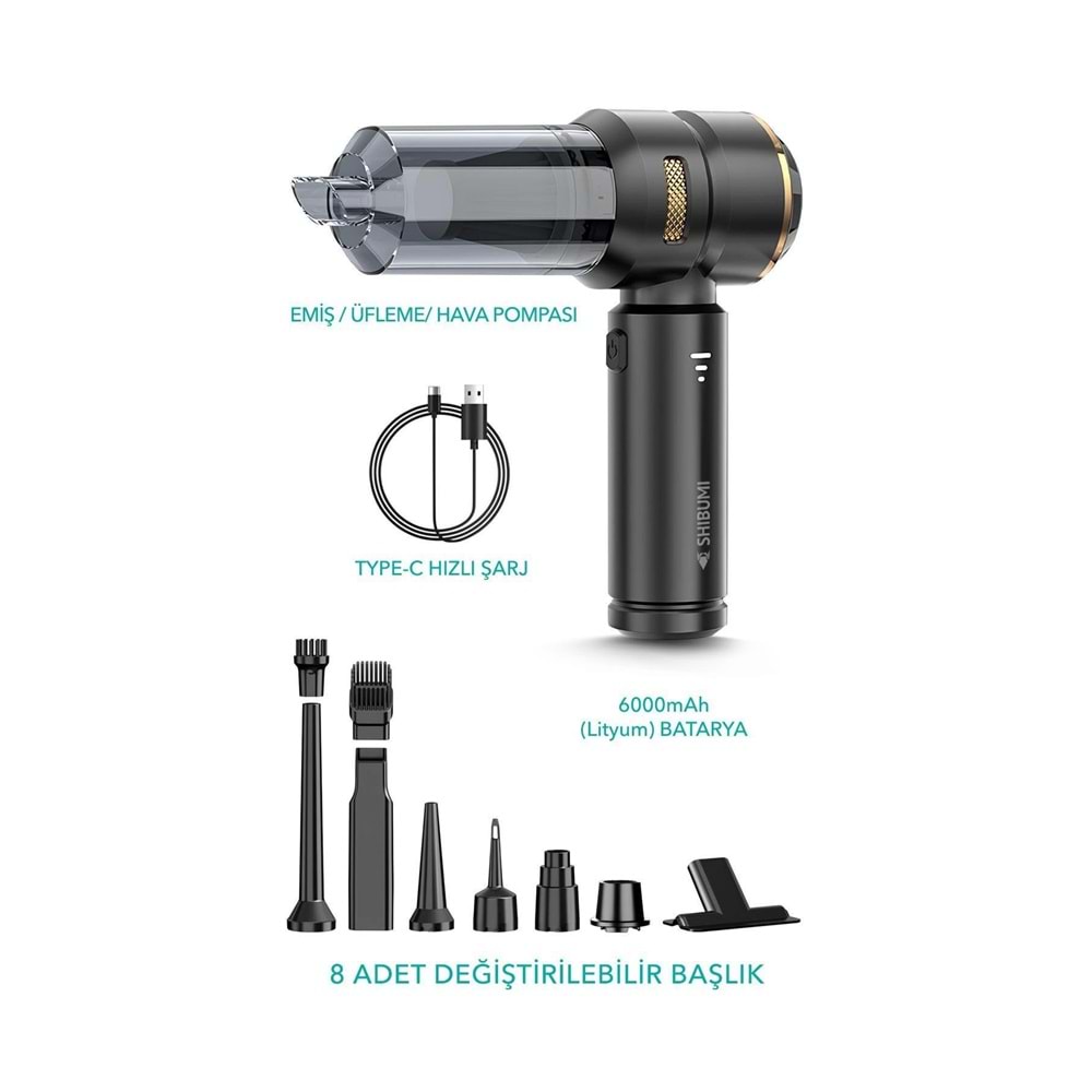 Shıbumı TORNADO 100W Şarjlı Kablosuz Araç İçi Süpürge Gerçek 16000PA Güçlü Üfleme & Vakum Aksesuarlı Type-c