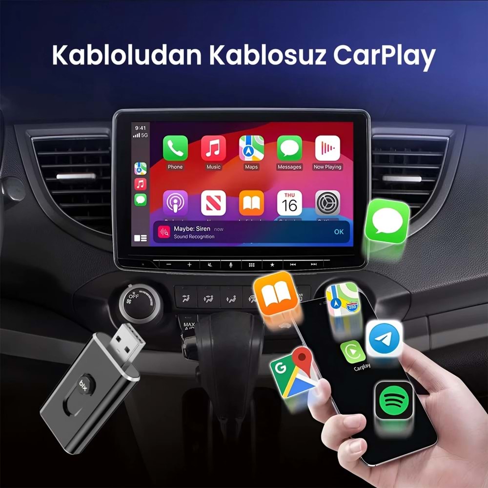 Bix CB02 2.4G/5G WiFi CarPlay Android Auto Kabloludan Kablosuza Çevirici USB-A USB-C Çift Uçlu Hibrit Adaptör