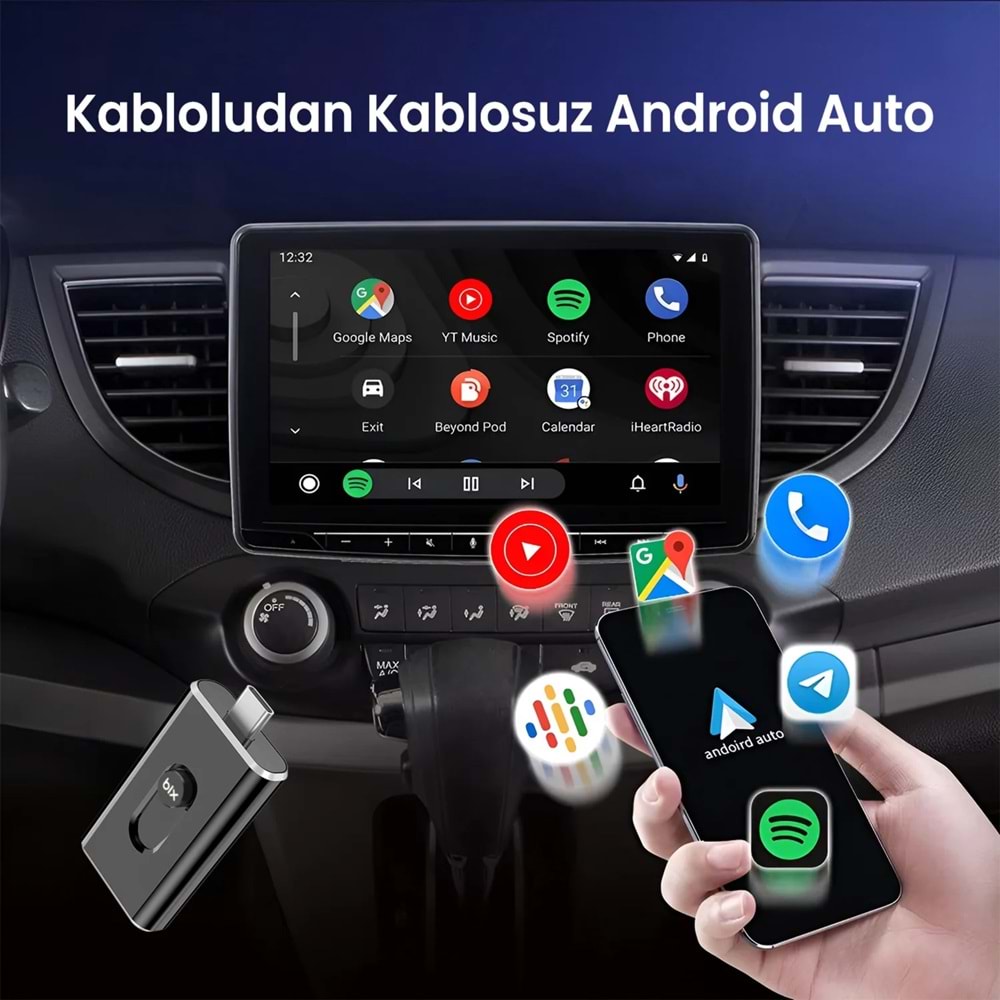 Bix CB02 2.4G/5G WiFi CarPlay Android Auto Kabloludan Kablosuza Çevirici USB-A USB-C Çift Uçlu Hibrit Adaptör