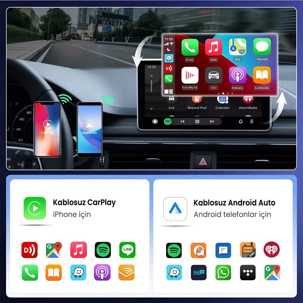 Bix CB02 2.4G/5G WiFi CarPlay Android Auto Kabloludan Kablosuza Çevirici USB-A USB-C Çift Uçlu Hibrit Adaptör