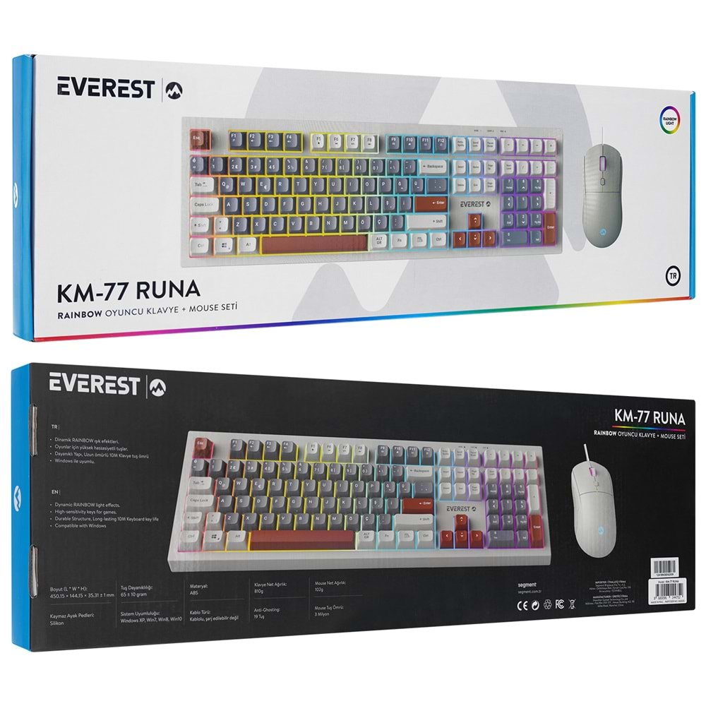 Everest KM-77 Runa Gri/Krem/Kahve Usb Rainbow Aydınlatmalı Sessiz Q Klavye + Mouse Set