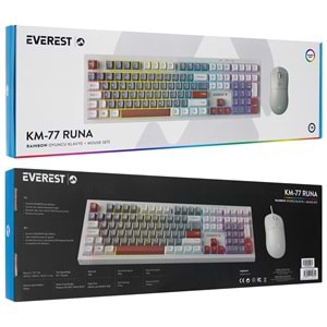 Everest KM-77 Runa Gri/Krem/Kahve Usb Rainbow Aydınlatmalı Sessiz Q Klavye + Mouse Set