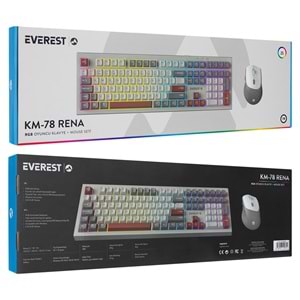 Everest KM-78 Rena Krem/Gri/Kahve Kablosuz 2.4 + BT RGB Aydınlatmalı Sessiz Q Su Sıçramasına Dayanıklı Klavye + Mouse Se