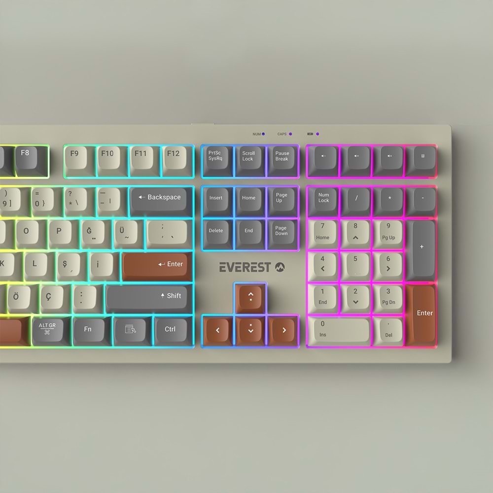 Everest KM-78 Rena Krem/Gri/Kahve Kablosuz 2.4 + BT RGB Aydınlatmalı Sessiz Q Su Sıçramasına Dayanıklı Klavye + Mouse Se