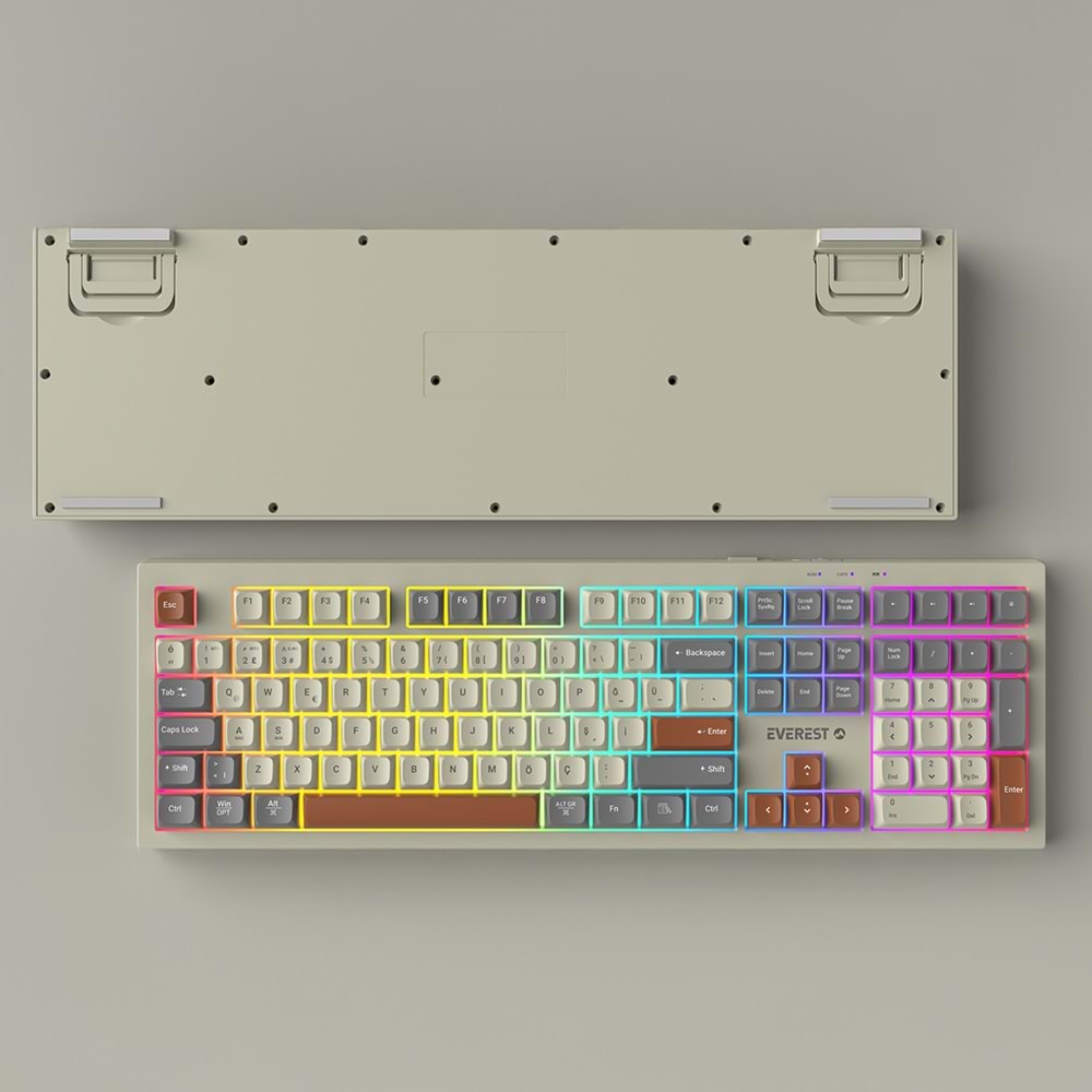 Everest KM-78 Rena Krem/Gri/Kahve Kablosuz 2.4 + BT RGB Aydınlatmalı Sessiz Q Su Sıçramasına Dayanıklı Klavye + Mouse Se