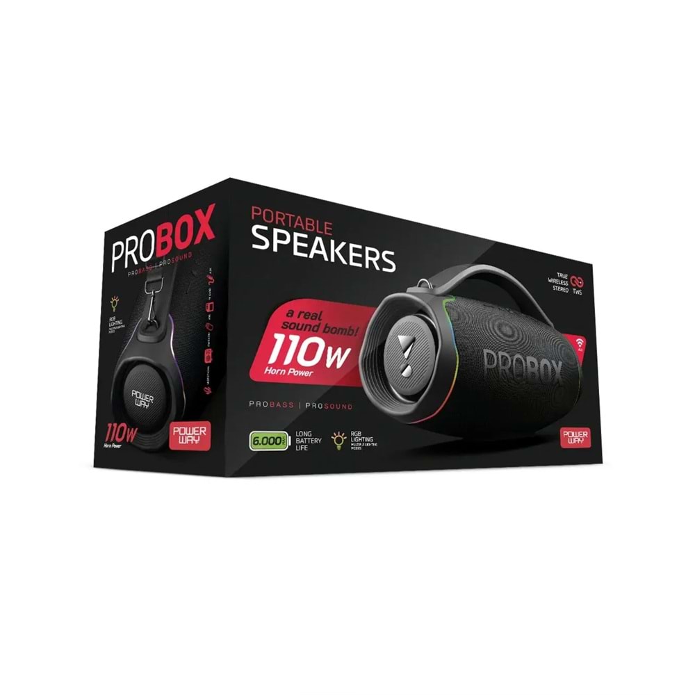 Powerway PROBOX 110W Güç Usb Hafıza Kartı Aux Fm Led Işıklı Bluetooth Hoparlör Hi-Fi Ses Bombası