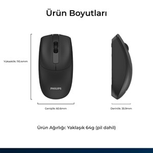 Philips SPK7398 Siyah Sessiz Optik Kablosuz Mouse