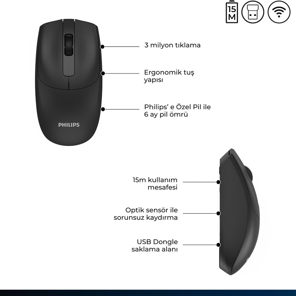 Philips SPK7398 Siyah Sessiz Optik Kablosuz Mouse