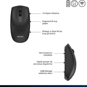 Philips SPK7398 Siyah Sessiz Optik Kablosuz Mouse
