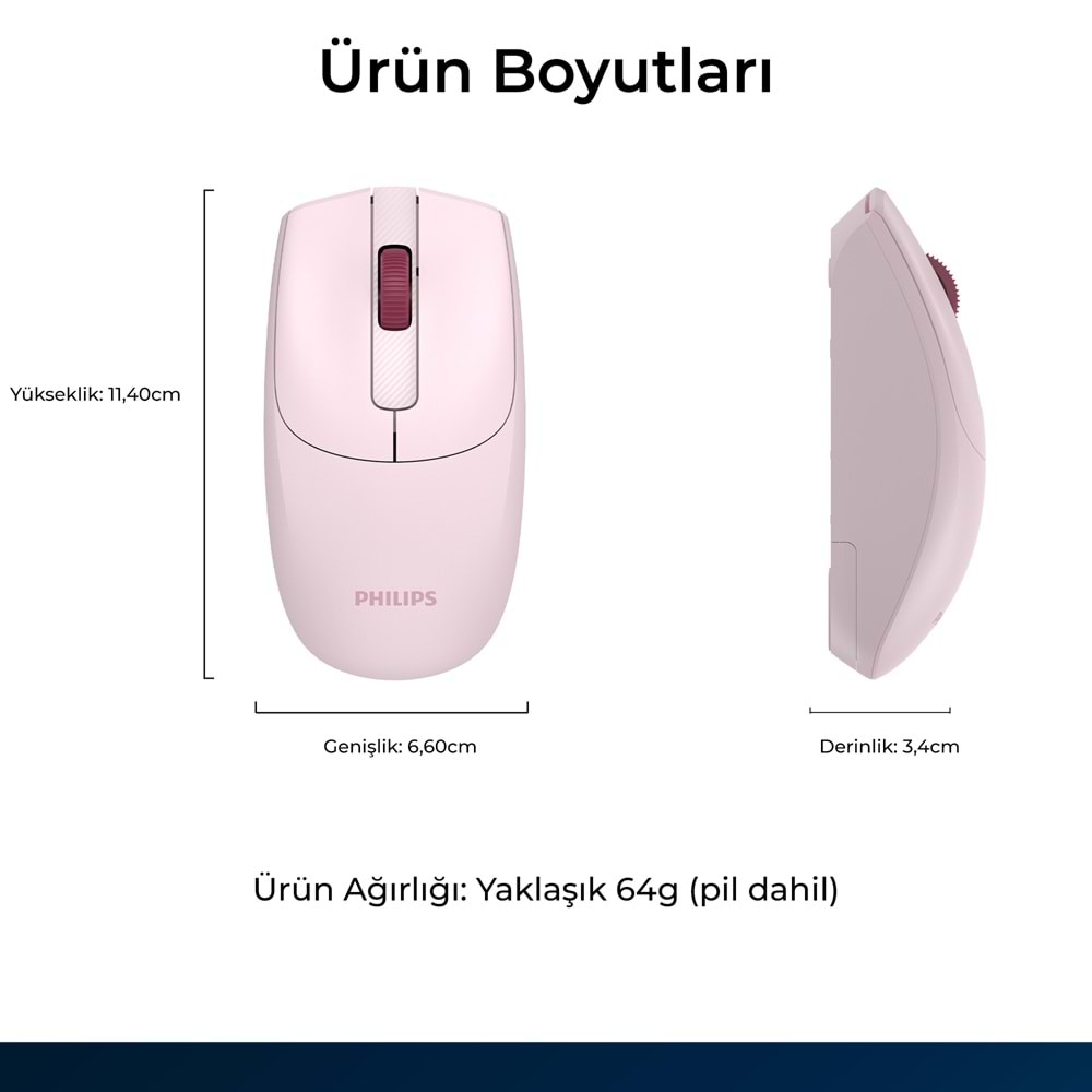 Philips SPK7398 Pembe Sessiz Optik Kablosuz Mouse