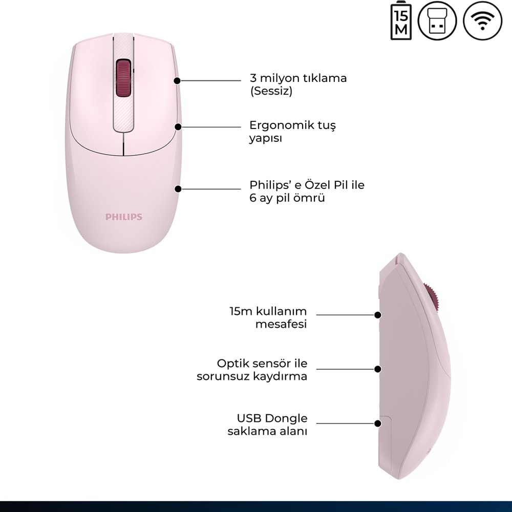 Philips SPK7398 Pembe Sessiz Optik Kablosuz Mouse