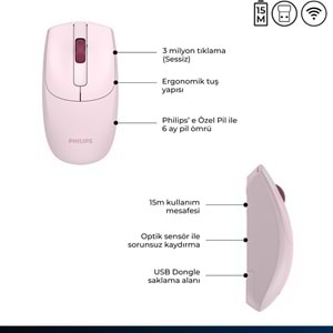 Philips SPK7398 Pembe Sessiz Optik Kablosuz Mouse