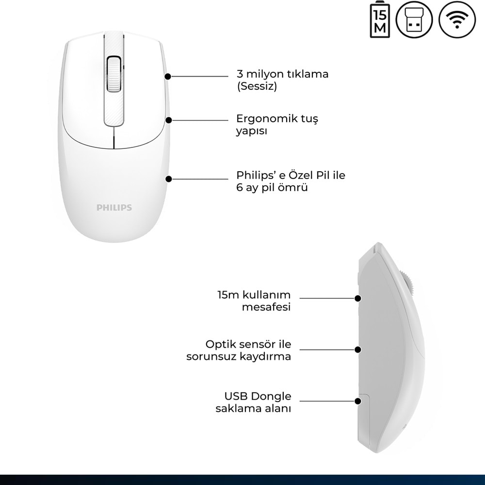 Philips SPK7398 Beyaz Sessiz Optik Kablosuz Mouse