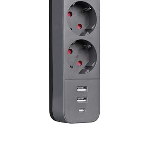 S-link SPG03U 2 Usb +1Type C 5V2.4A 1.5m 3x1.00mm 100% Bakır 750 Joule 3 lü Anahtarlı Akım Korumalı Siyah Priz