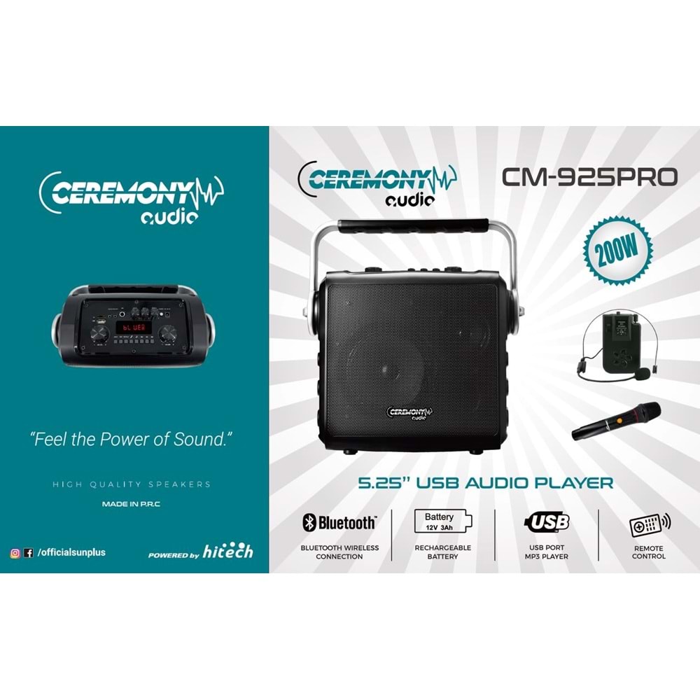 Ceremony Audio CM-925PRO 5.25 Inç 200WATT Profesyonel Taşınabilir Bluetooth Hoparlör Tws