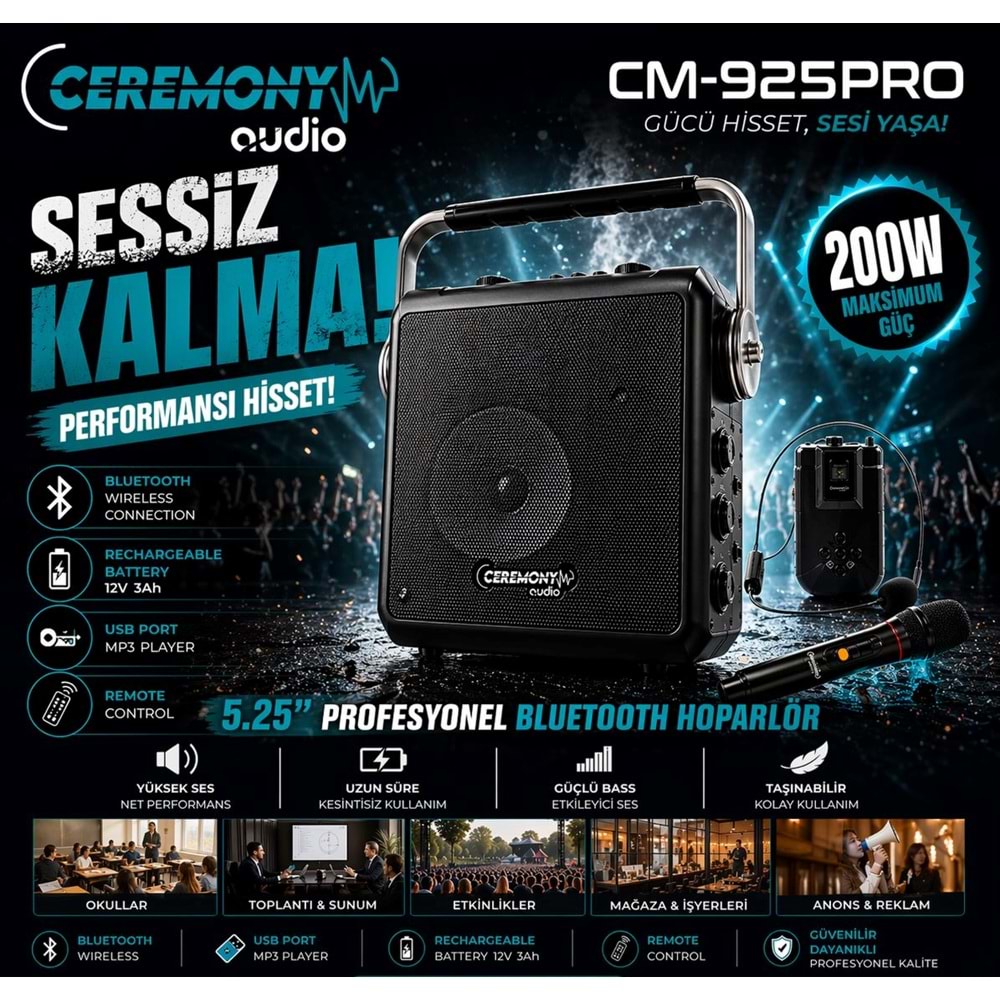 Ceremony Audio CM-925PRO 5.25 Inç 200WATT Profesyonel Taşınabilir Bluetooth Hoparlör Tws