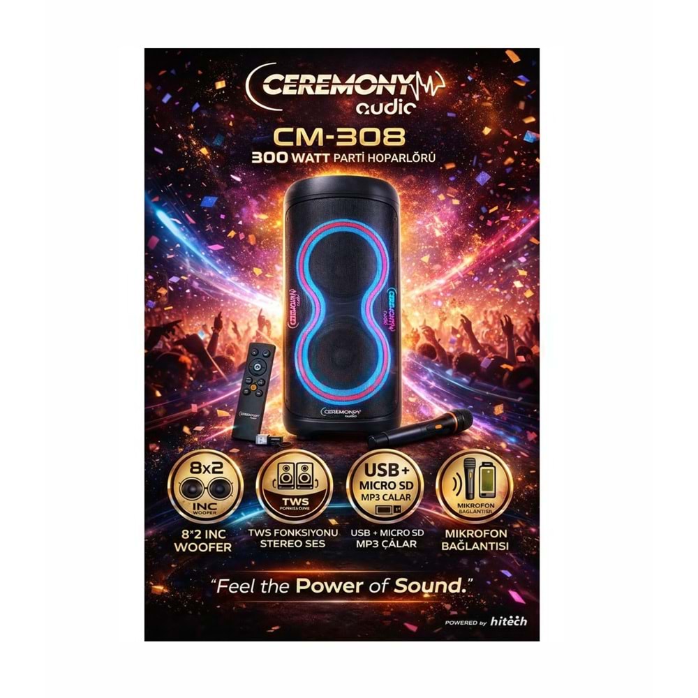 Ceremony Audio CM-308 Taşınabilir Bluetooth Parti Hoparlör 2x8 Inç Woofer 300WATT Tws Disco Lights